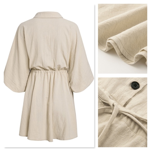 Drawstring Safari Beige Cotton Button Up Dress - Picture 7 of 10